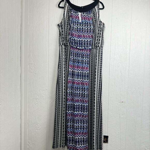 London Times Plus Black Blue Pink Abstract Jersey Stretch Maxi Dress Sz18W Artsy - Picture 2 of 13
